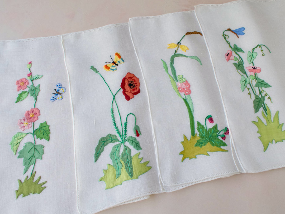 Insects, Frog &amp; Flowers Italian Embroidery on Linen, Set of 8 Placemats