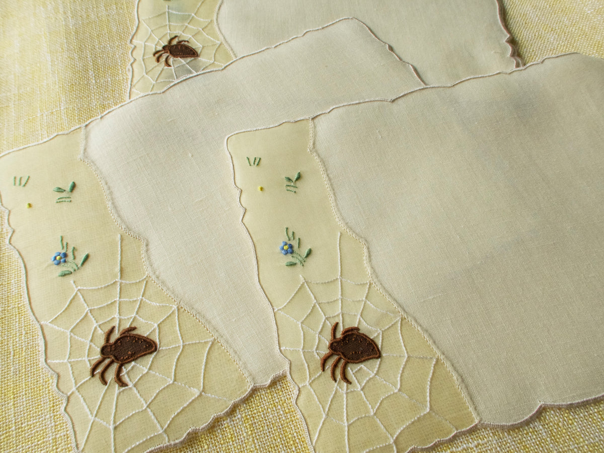 Garden Spider Vintage Madeira Linen Cocktail Napkins, Set of 6
