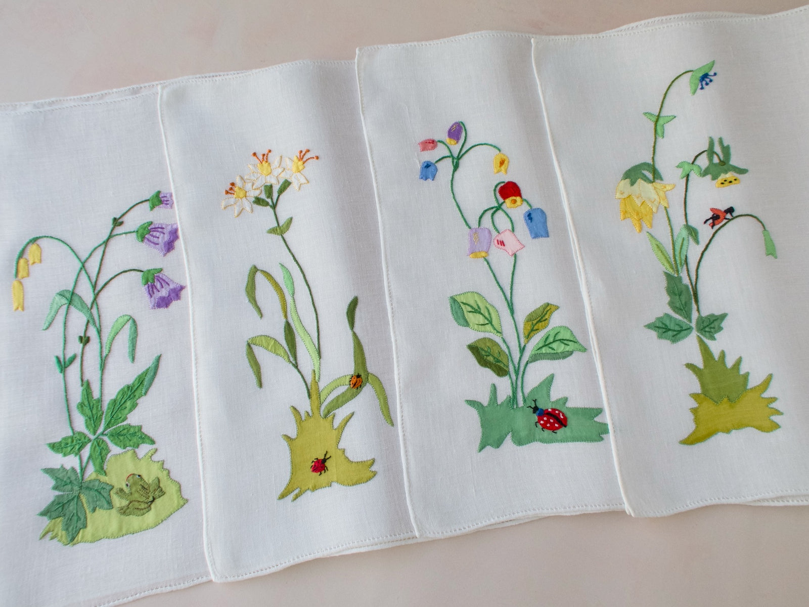 Insects, Frog & Flowers Italian Embroidery on Linen, Set of 8 Placemats