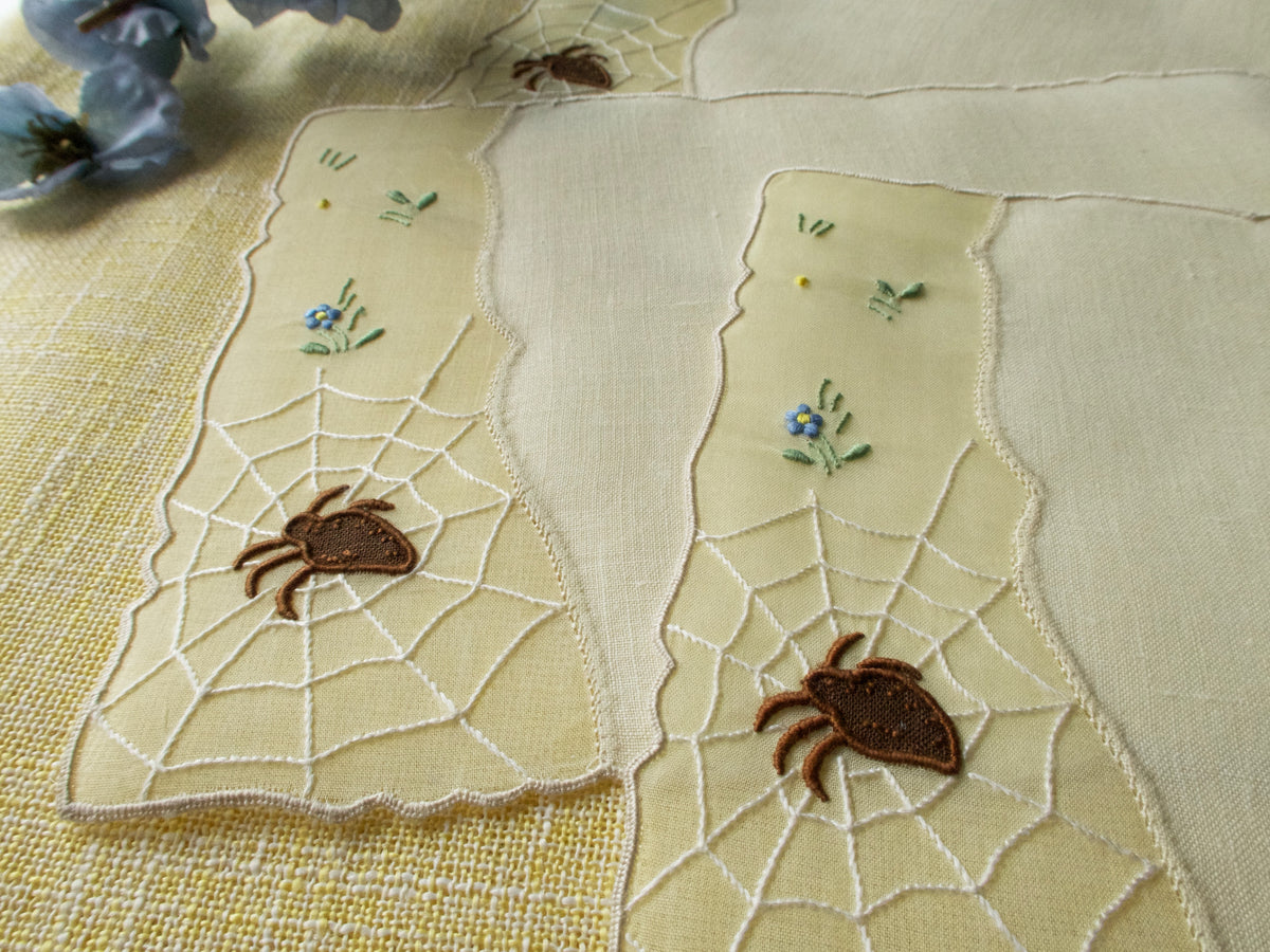 Garden Spider Vintage Madeira Linen Cocktail Napkins, Set of 6