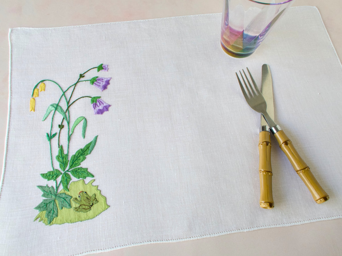 Insects, Frog &amp; Flowers Italian Embroidery on Linen, Set of 8 Placemats