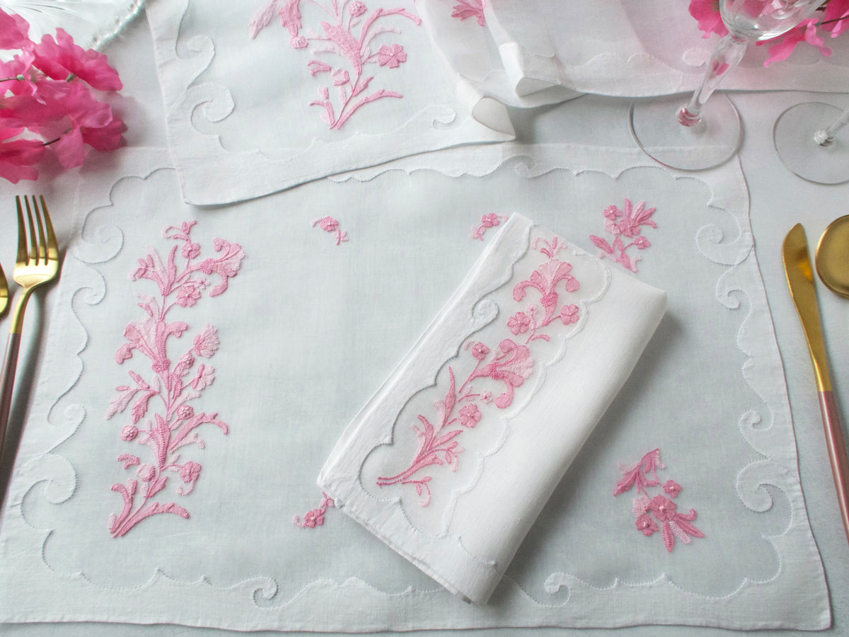 Pink Flowers Vintage Madeira 17pc Placemat Set for 8