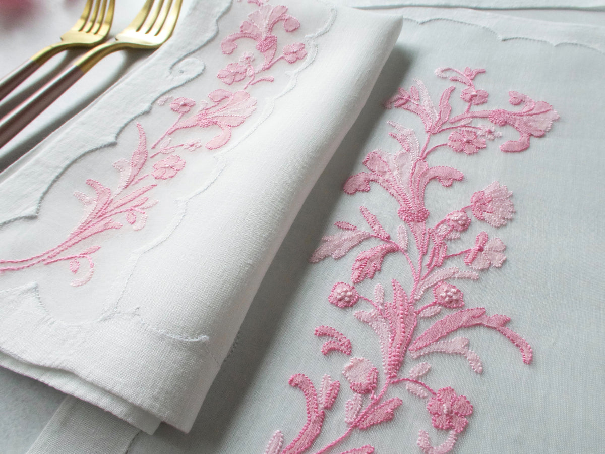 Pink Flowers Vintage Madeira 17pc Placemat Set for 8