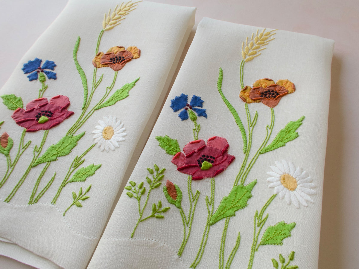 Wildflowers Vintage Madeira Linen Guest Towels, Set of 2