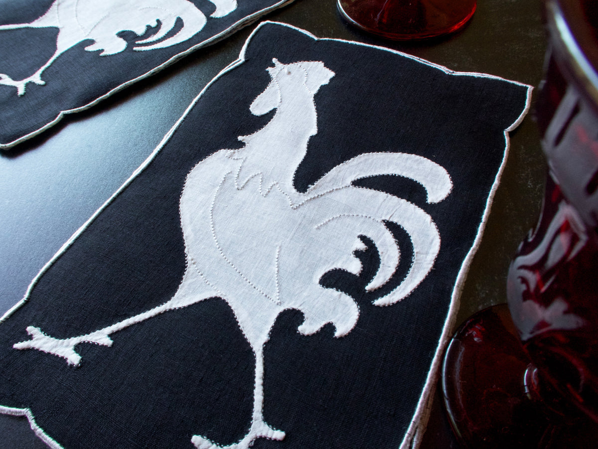 Black &amp; White Bold Roosters Vintage Madeira Cocktail Napkins, Set of 6