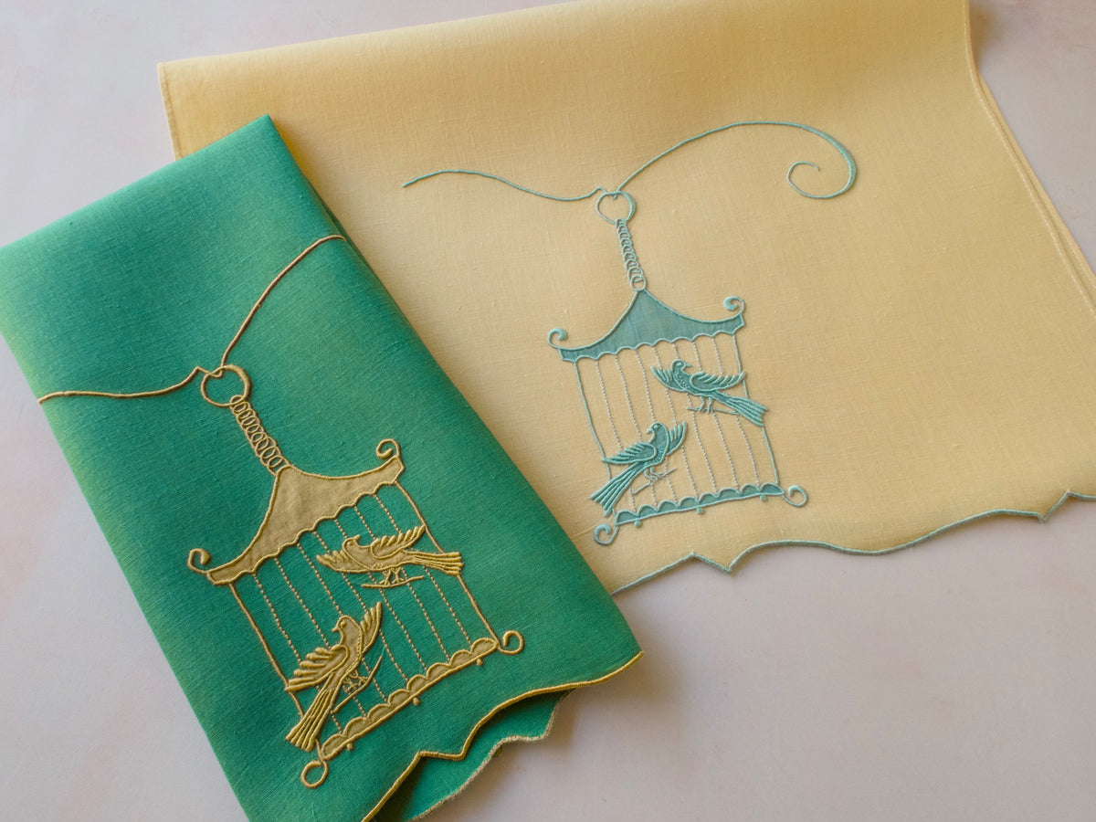&quot;Bird in Cage&quot; Vintage Marghab Linen Guest Towels, Pair