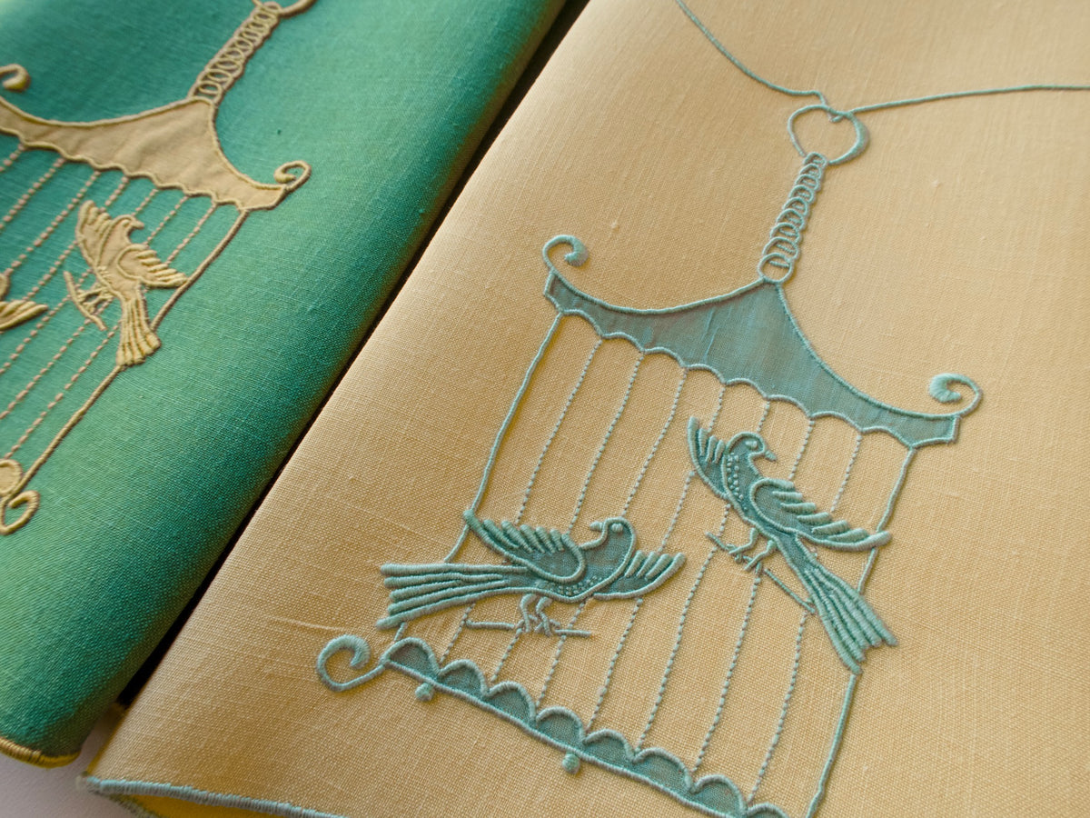 &quot;Bird in Cage&quot; Vintage Marghab Linen Guest Towels, Pair