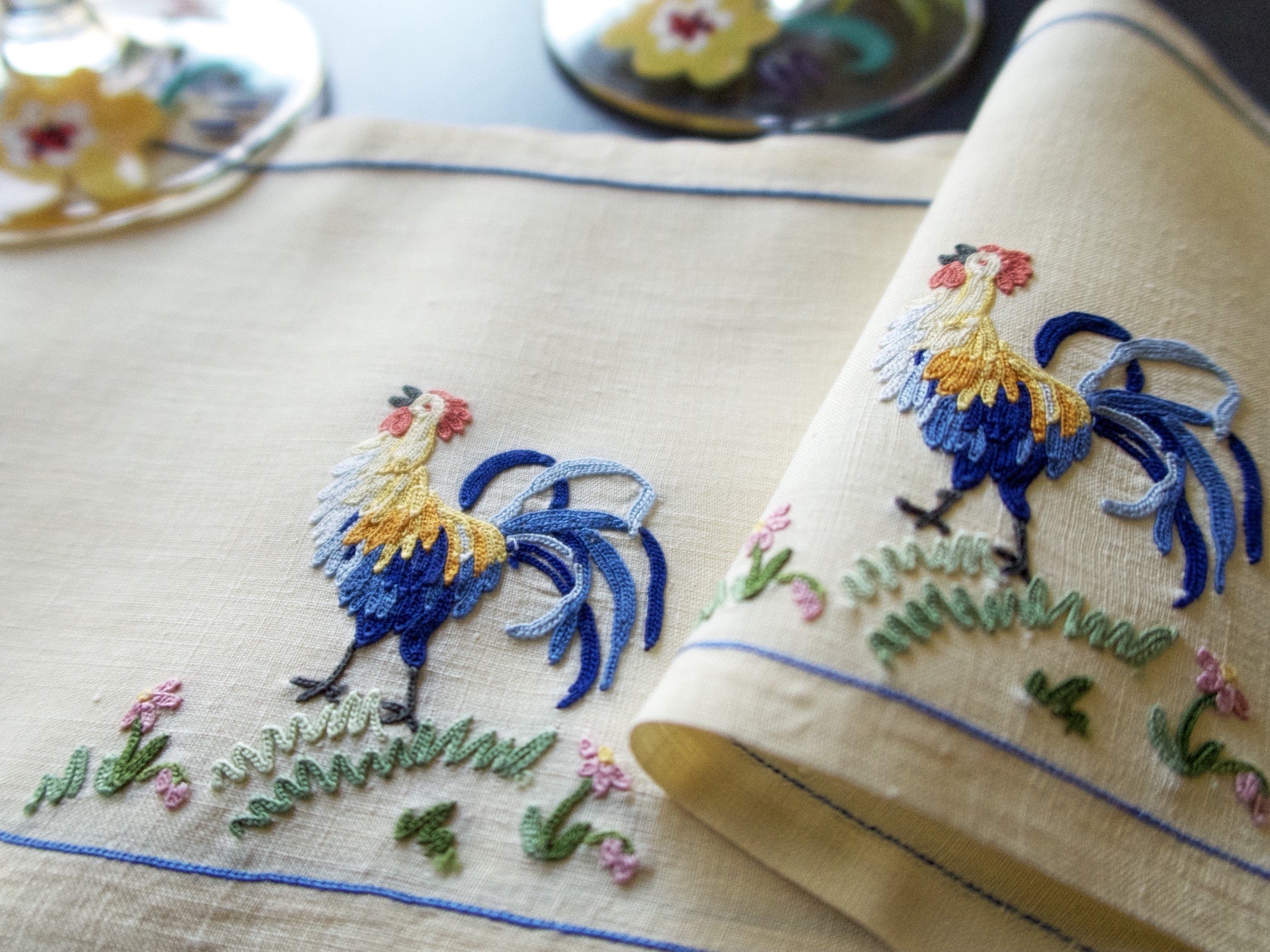 Roosters Vintage French Beauvais Embroidery Cocktail Napkins, Set of 6