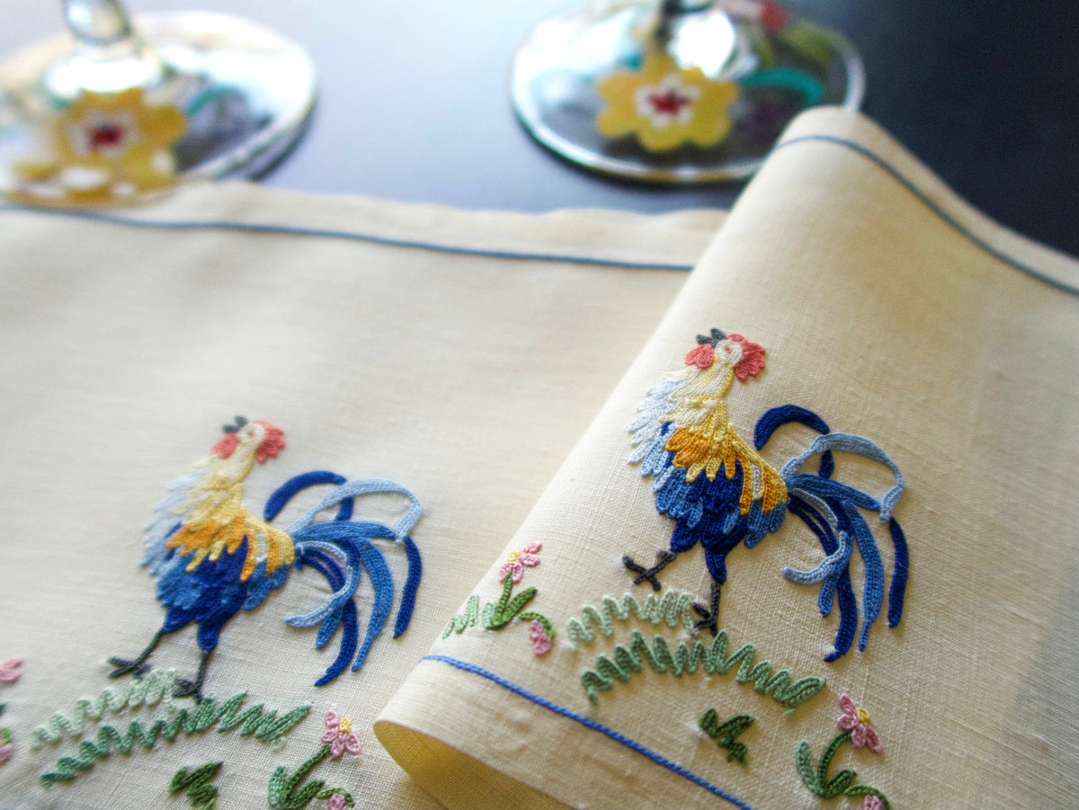 Roosters Vintage French Beauvais Embroidery Cocktail Napkins, Set of 6