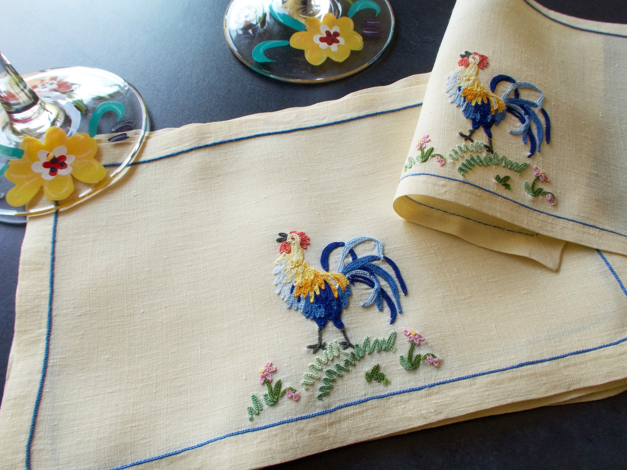 Roosters Vintage French Beauvais Embroidery Cocktail Napkins, Set of 6
