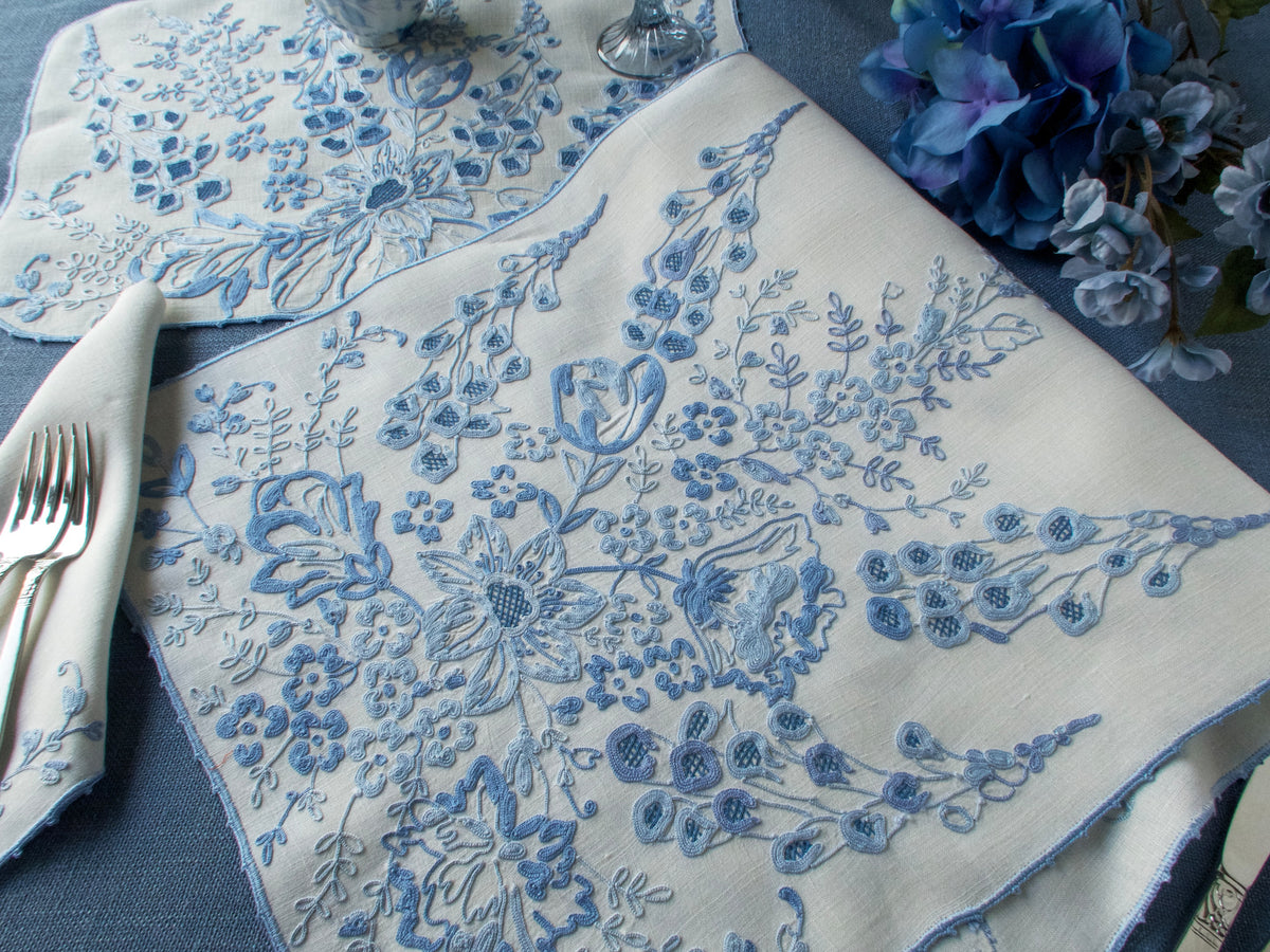 Elaborate Vintage French Beauvais Embroidered 25pc Linen Placemat Set for 12