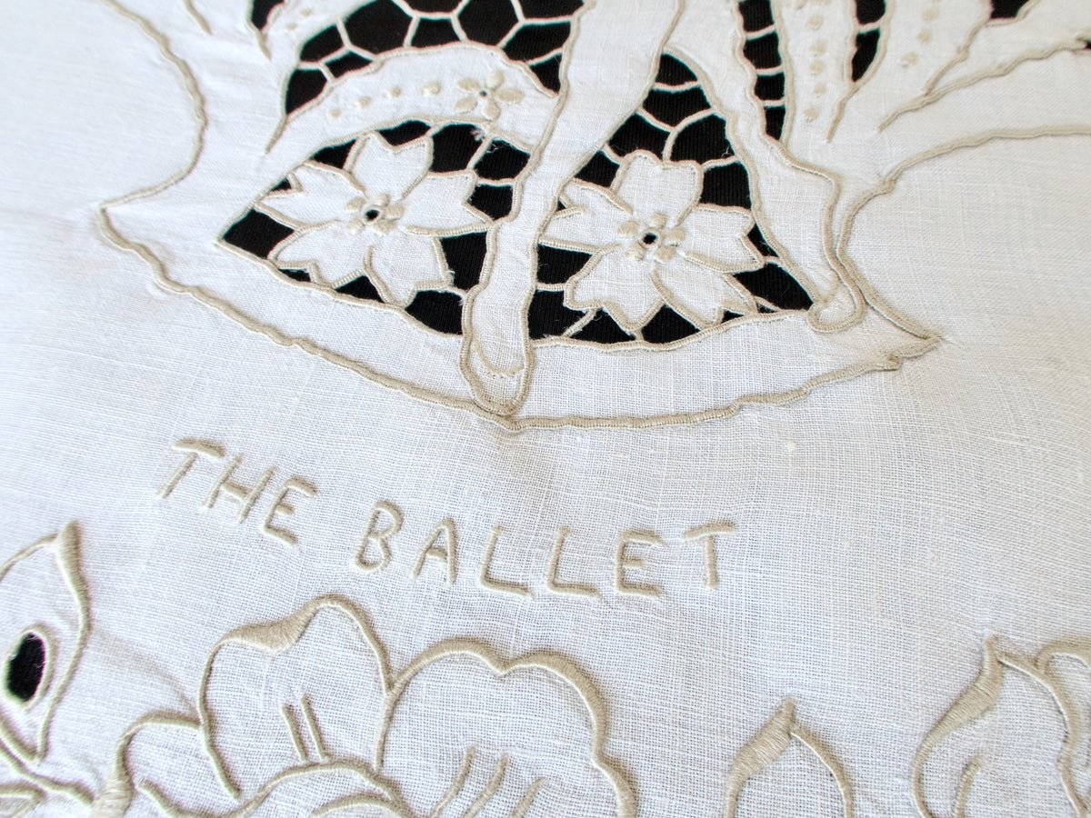 Embroidered Madeira design with floral patterns and &#39;THE BALLET&#39; text on a linen white background.