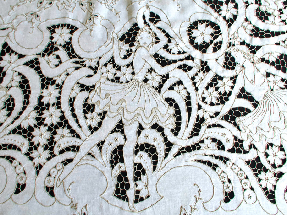 Vintage Madeira Ballet tablecloth, hand embroidered with dancers in motion in Richelieu work.