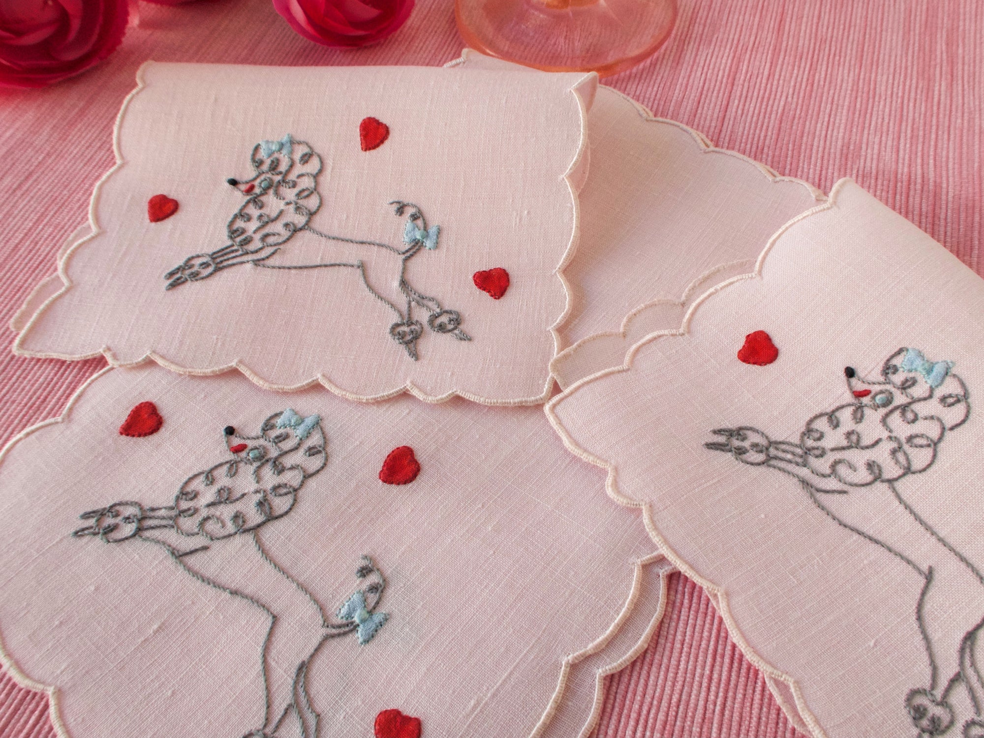 Pink Poodles & Hearts Vintage Madeira Cocktail Napkins, Set of 8