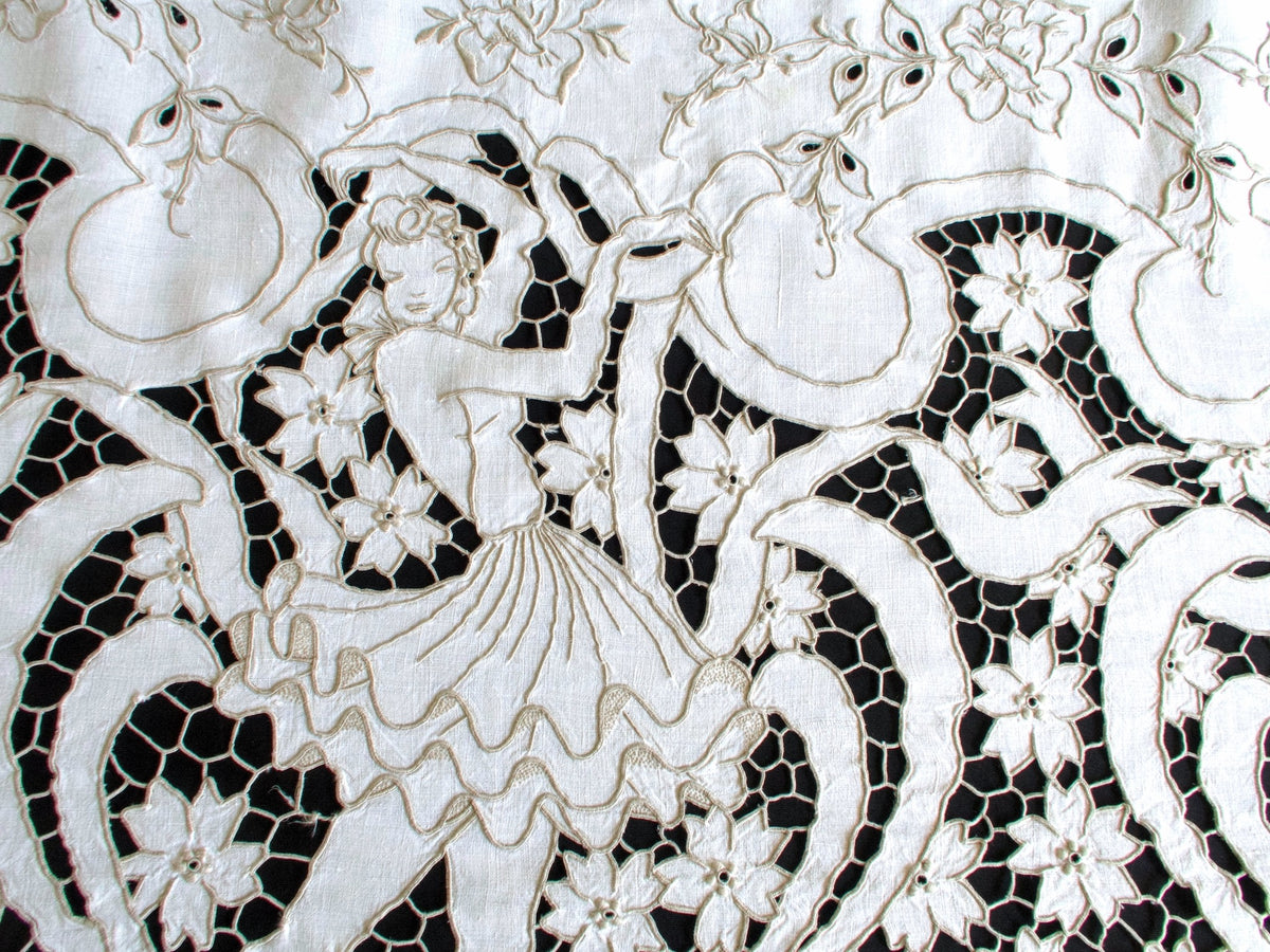 Vintage Madeira Ballet tablecloth, hand embroidered with dancers in motion in Richelieu work.