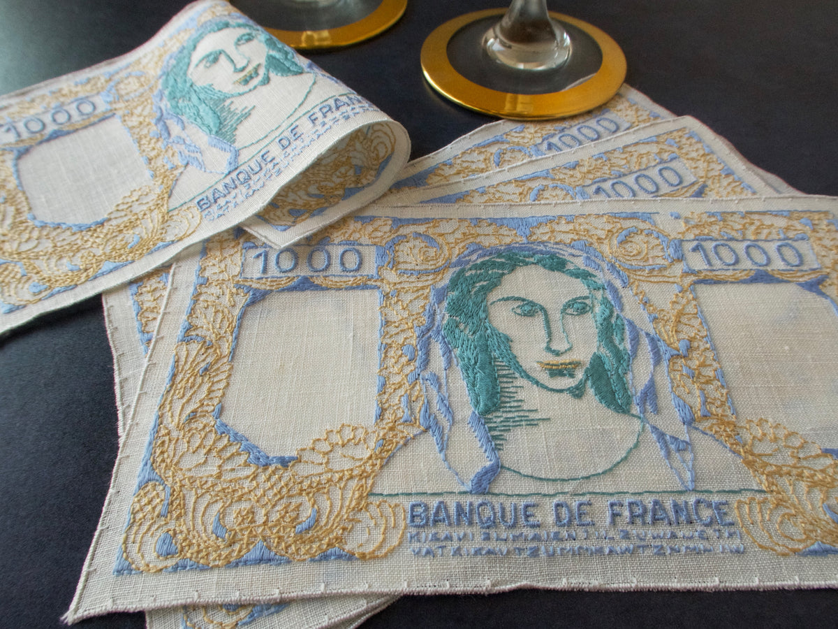 1000 Franc Banknote Vintage Linen Cocktail Napkins, Set of 4