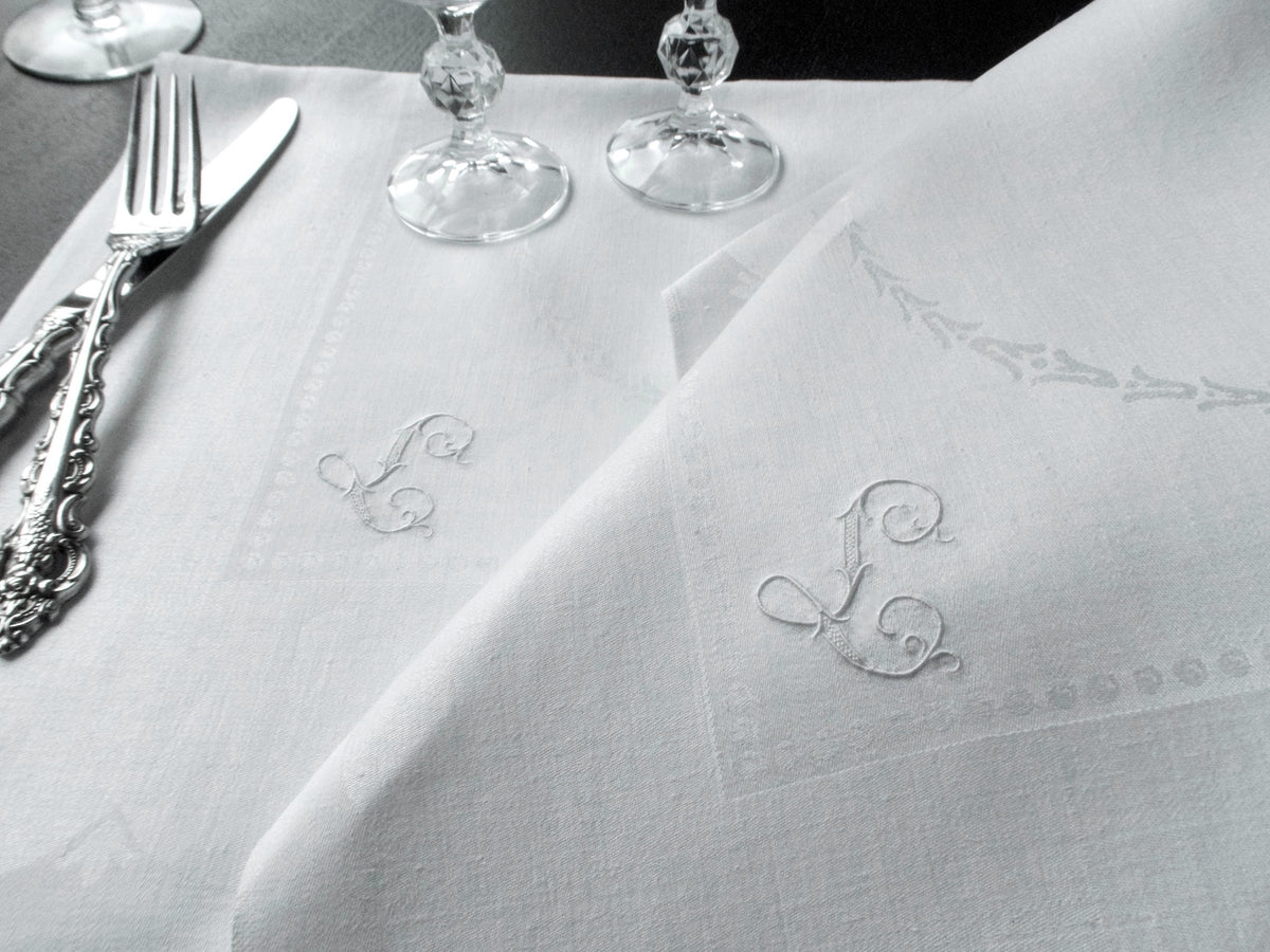 Monogram &quot;L&quot; Luxe Vintage 26&quot; Napkins Damask Linen, Set of 12