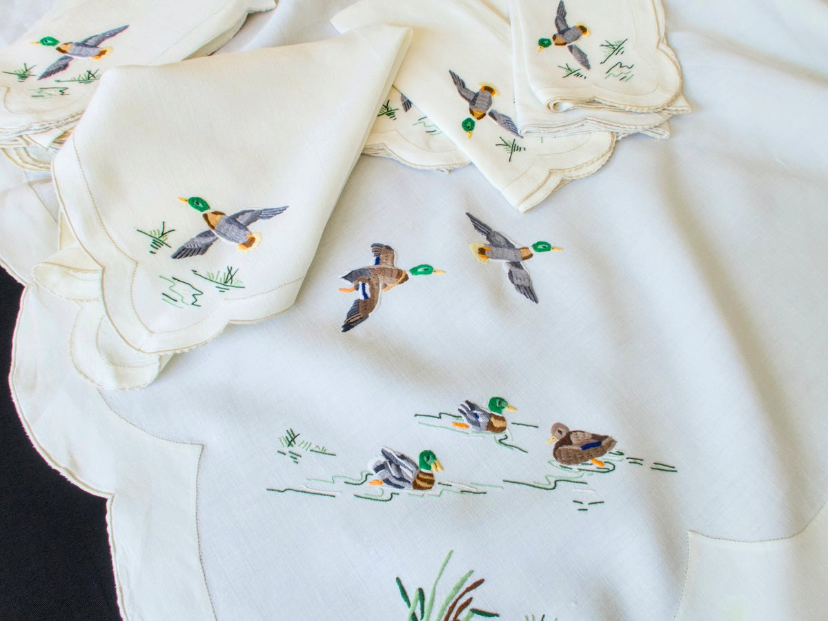 Vintage Madeira linen napkins hand embroidered with mallard duck and marsh grasses