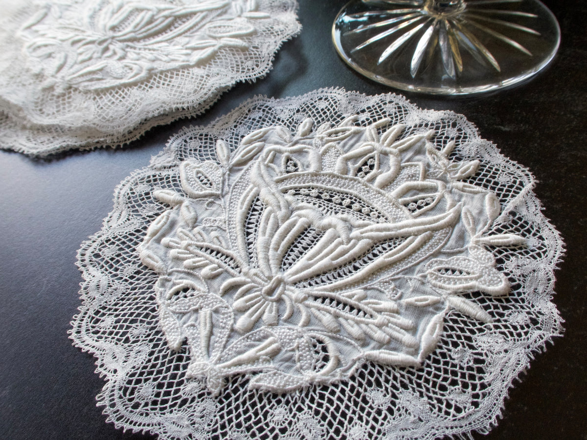 Antique French Lace Coasters Cocktail Rounds, Set of 8