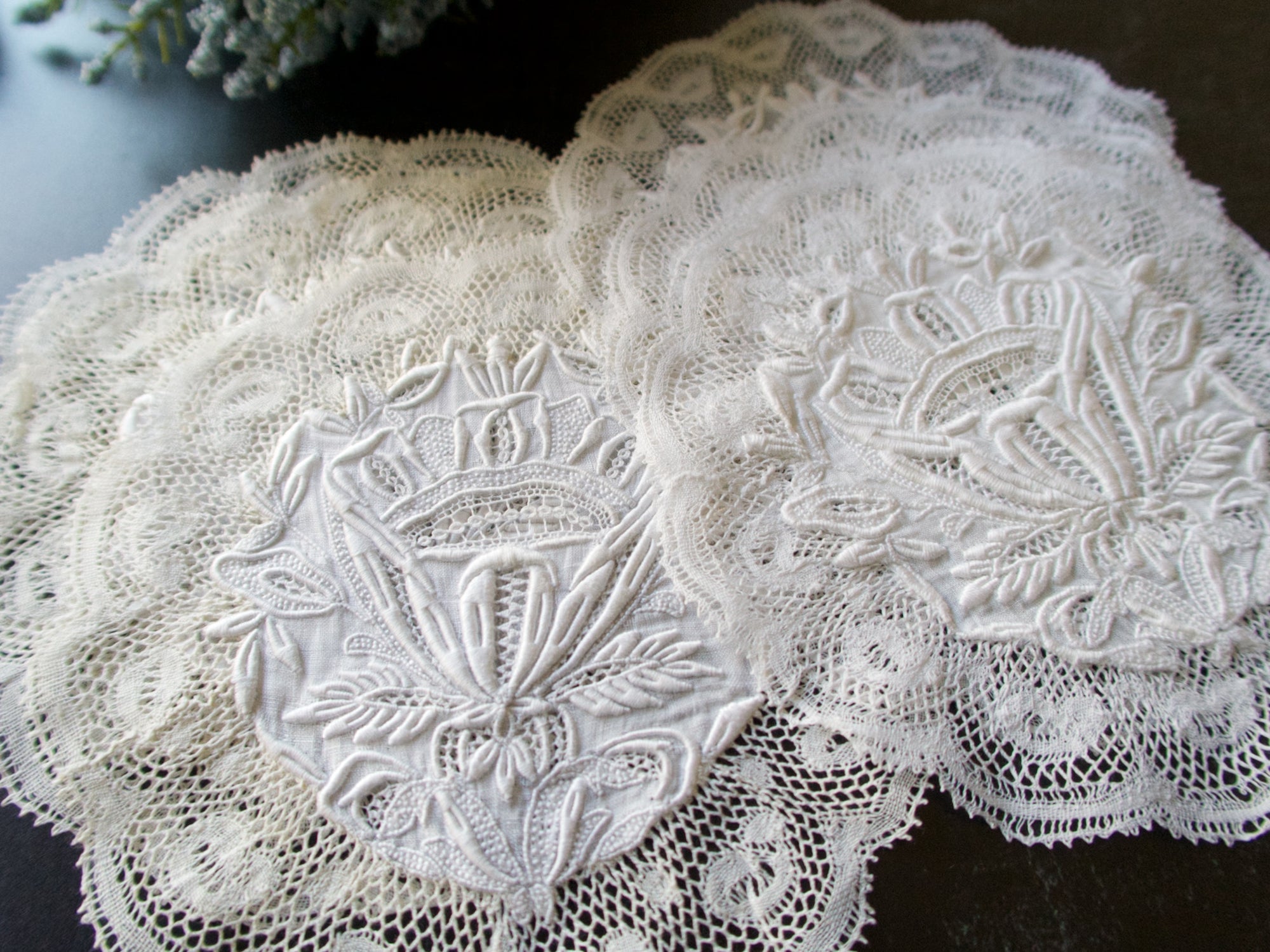 Antique French Lace Coasters Cocktail Rounds, Set of 6