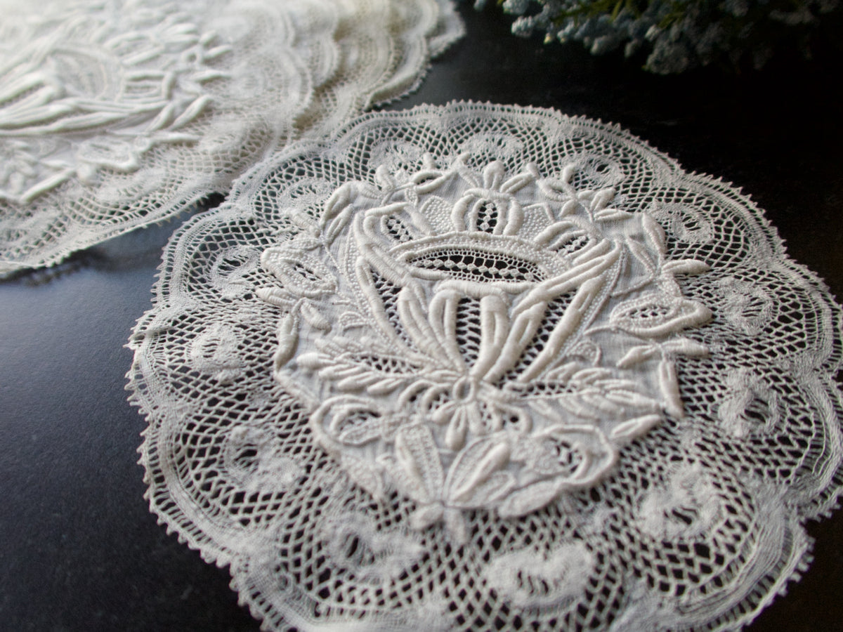 Antique French Lace Coasters Cocktail Rounds, Set of 6