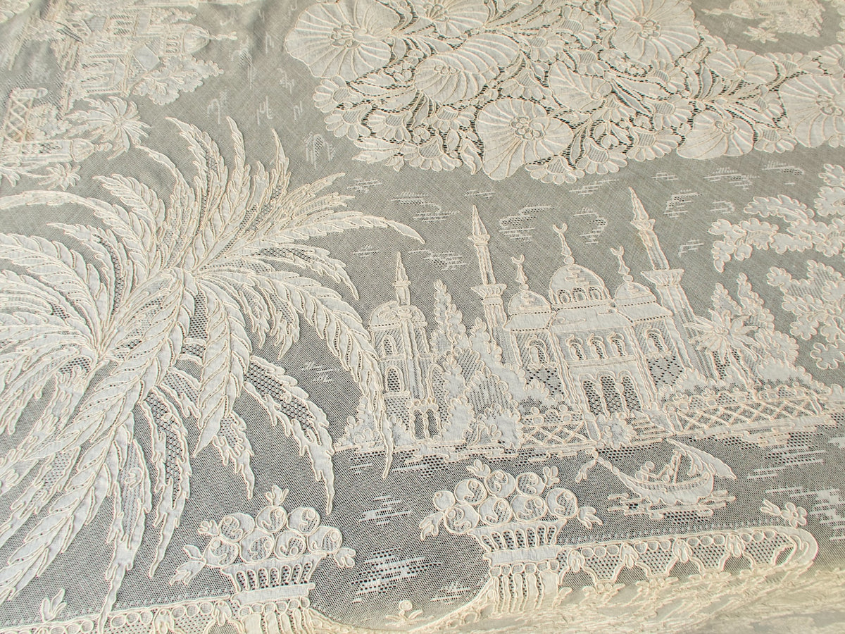 Vintage French Alençon lace tablecloth with Venetian landmark scene