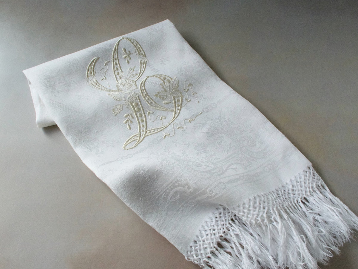 Monogram &quot;L&quot; Fringed Italian Linen Damask Show Towel 25x50