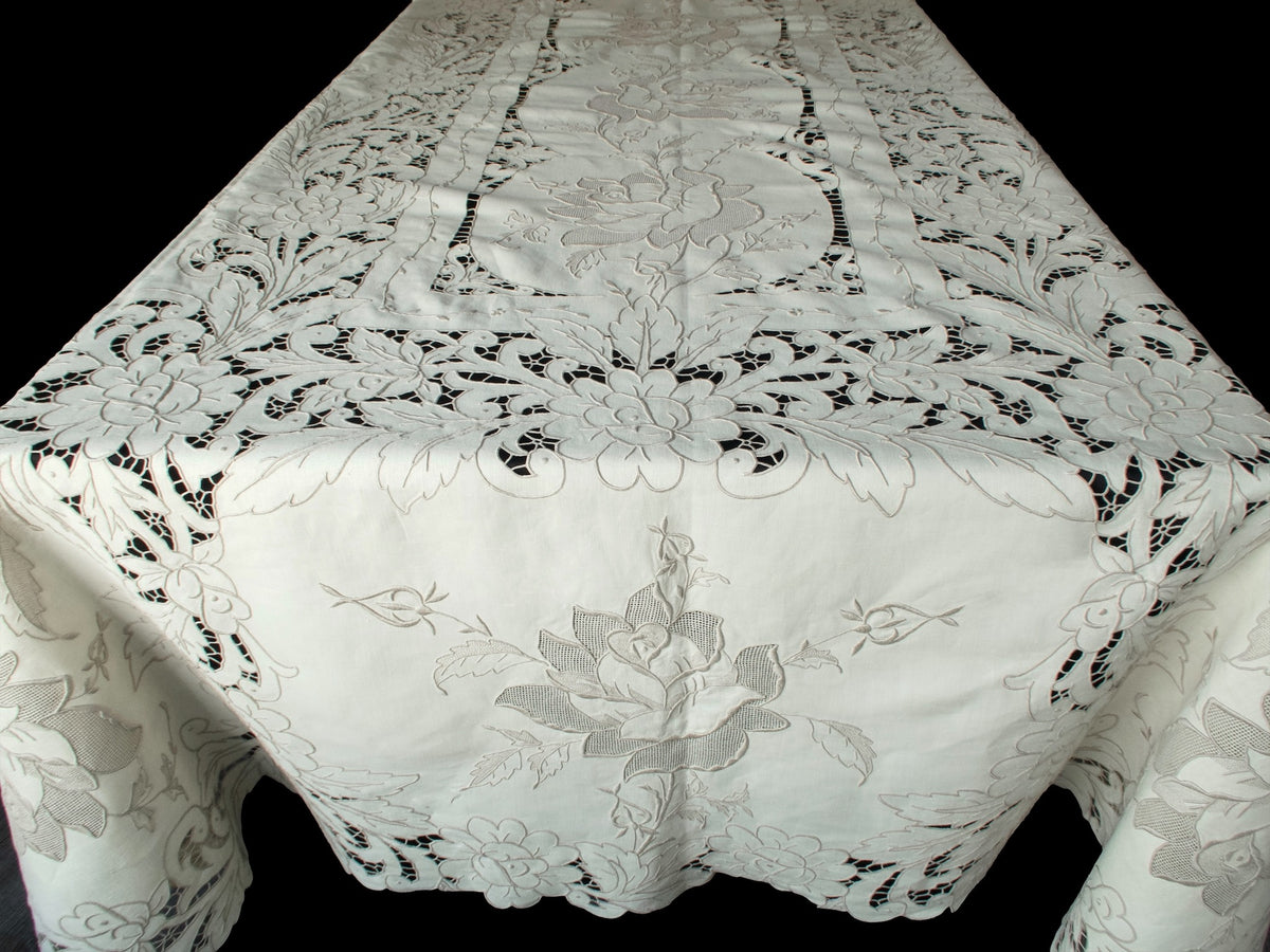 The Rose Madeira, 22-Foot Hand-Embroidered Linen Tablecloth &amp; 24 Napkins