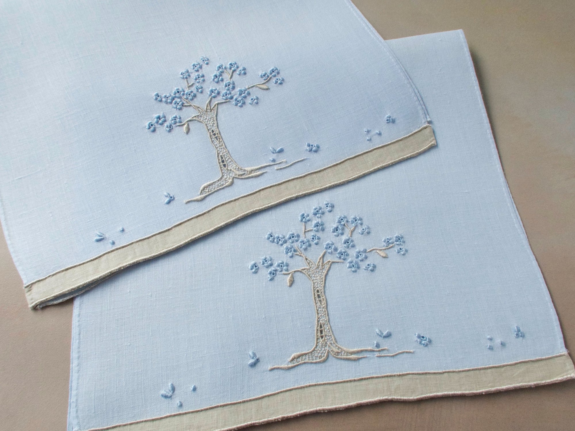 Jacaranda Tree" in Blue Vintage Marghab Fingertip Towels, Set of 2