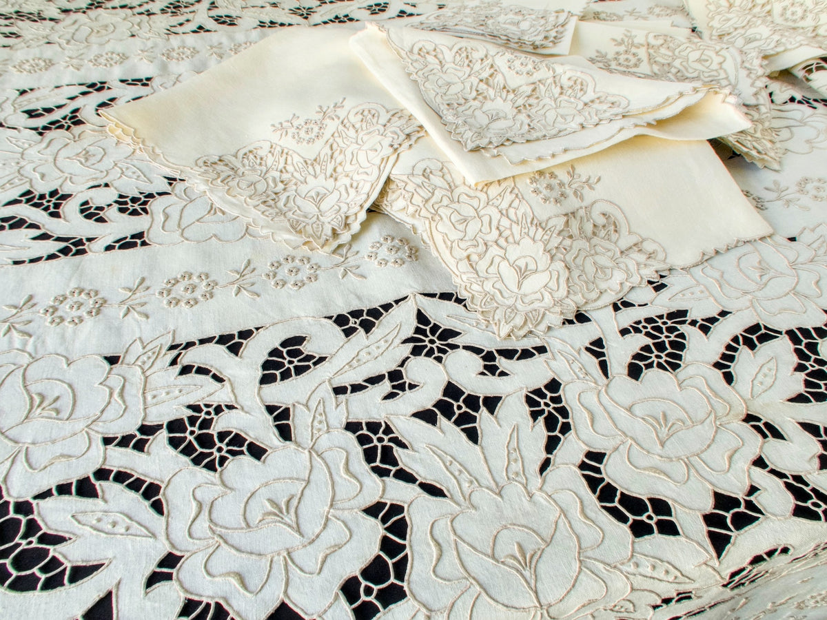 The Grand Madeira 22-foot Vintage Hand Embroidered Tablecloth 68x280, 24 Napkins