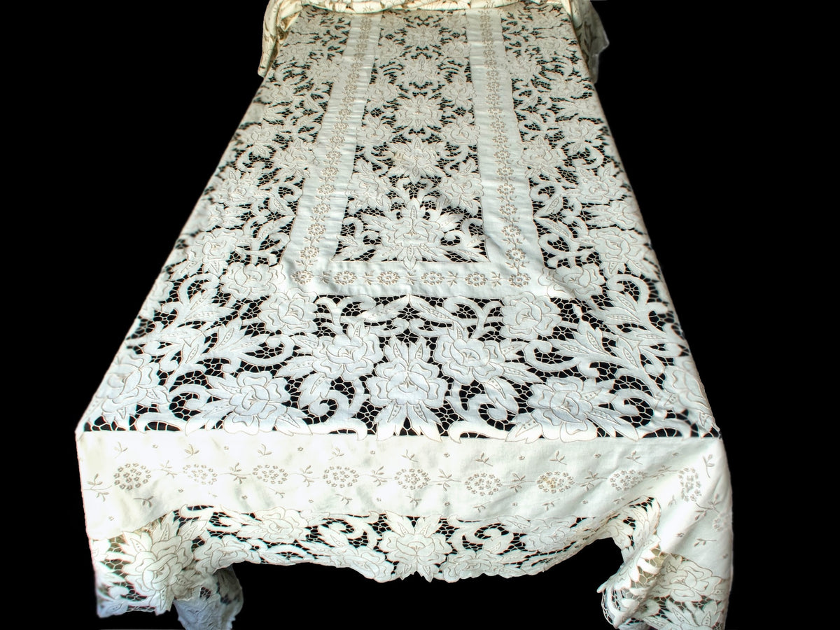The Grand Madeira 22-foot Vintage Hand Embroidered Tablecloth 68x280, 24 Napkins