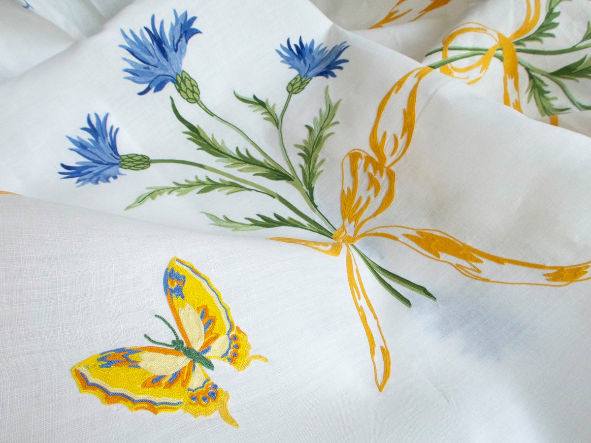 Butterflies &amp; Flowers Vintage D Porthault Beauvais Embroidery 77&quot; Round Tablecloth