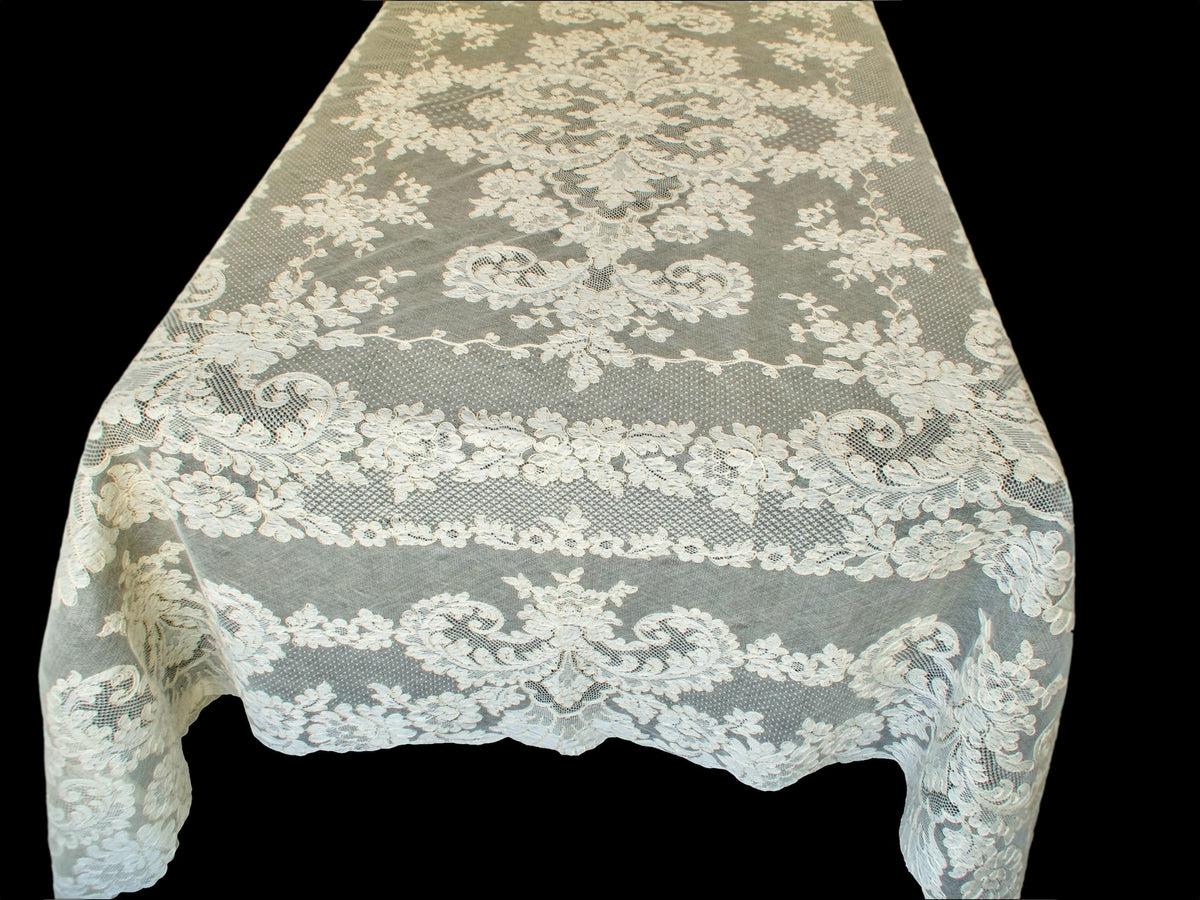 Rectangular French Alençon lace tablecloth showing full border and corner detail