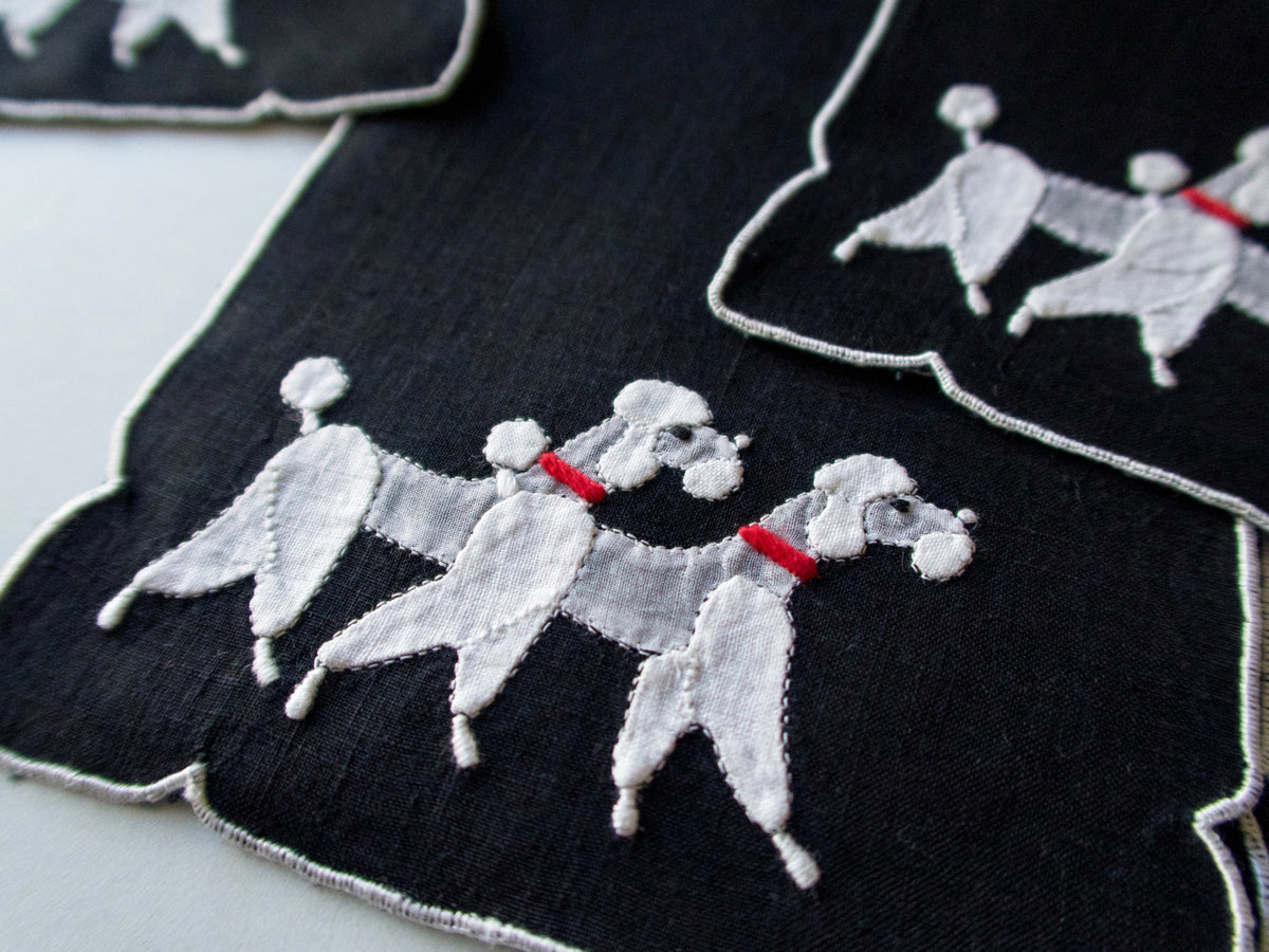 Poodles on Black Vintage Madeira Linen Cocktail Napkins, Set of 6