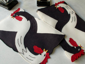 Art Deco Black & White Roosters Vintage Madeira Cocktail Napkins, Set of 8