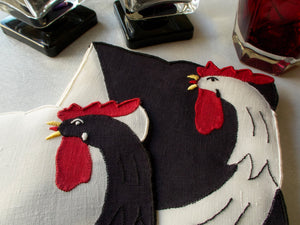 Art Deco Black & White Roosters Vintage Madeira Cocktail Napkins, Set of 8