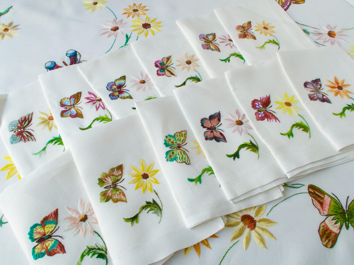 Butterflies D Porthault Embroidery 92&quot; Round Tablecloth &amp; 12 Napkins