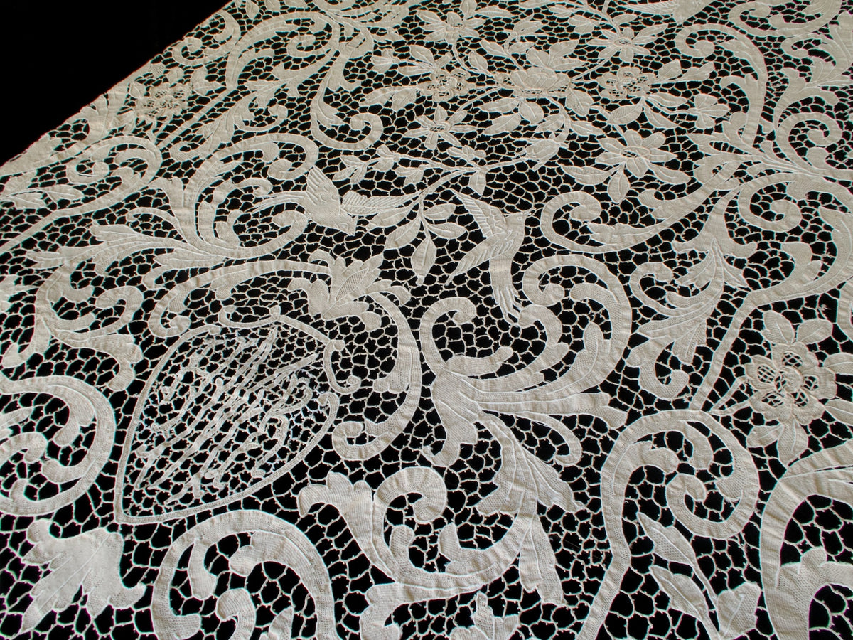 Graceful Birds Vintage Needle Lace Tablecloth