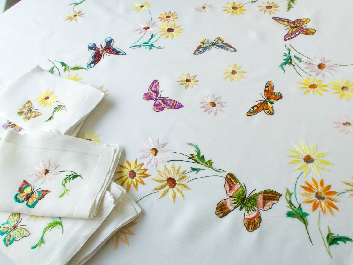 Butterflies D Porthault Embroidery 92&quot; Round Tablecloth &amp; 12 Napkins