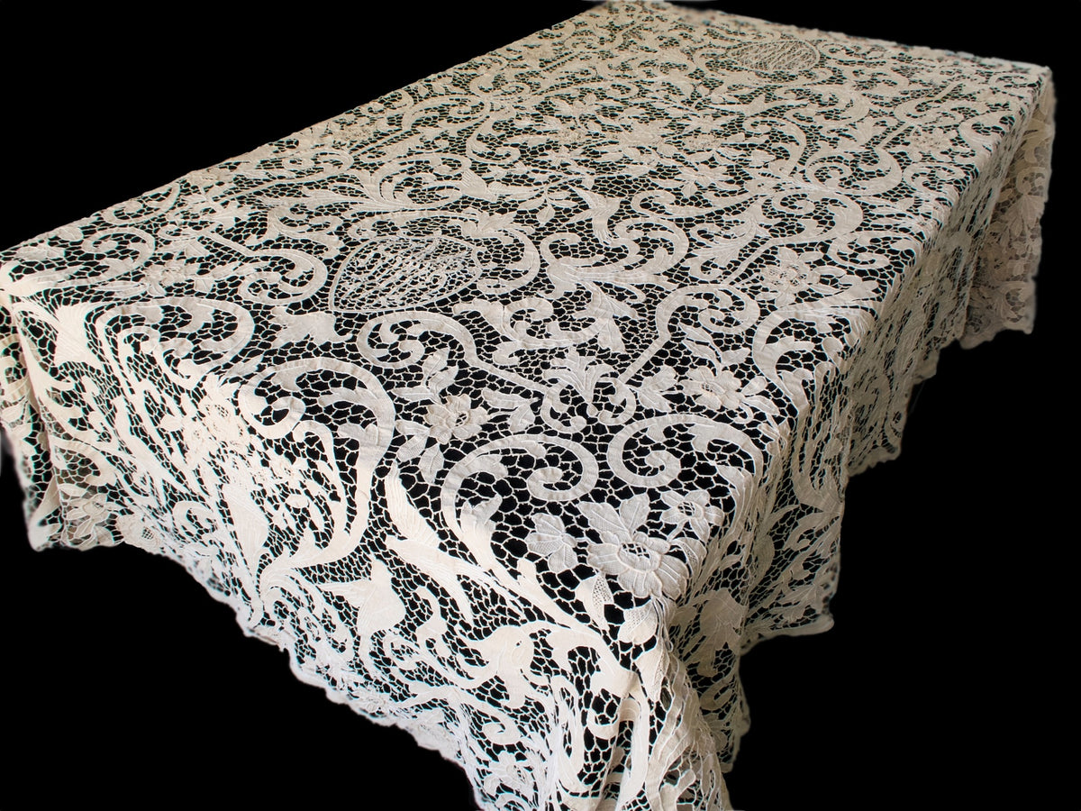 Graceful Birds Vintage Needle Lace Tablecloth