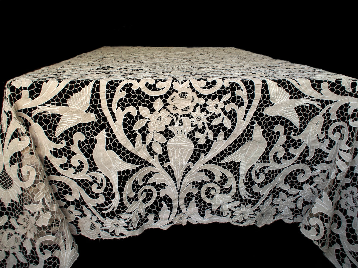 Graceful Birds Vintage Needle Lace Tablecloth