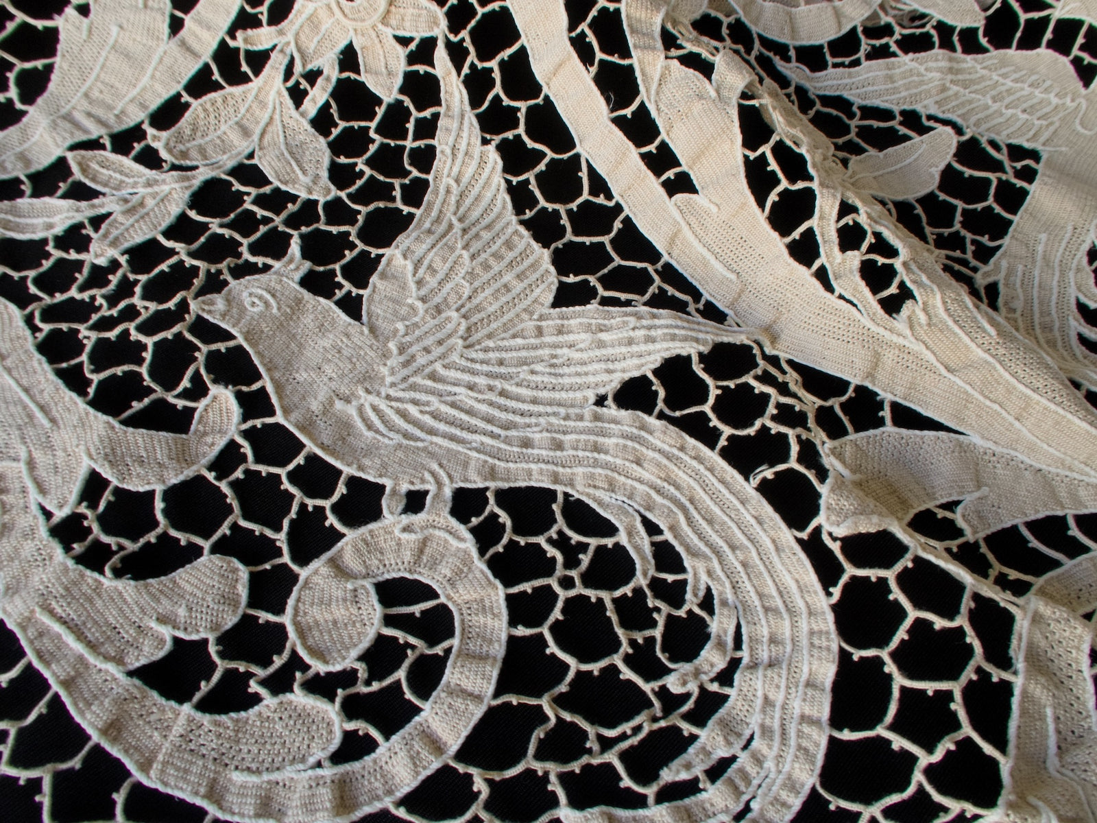 Graceful Birds Vintage Needle Lace Tablecloth