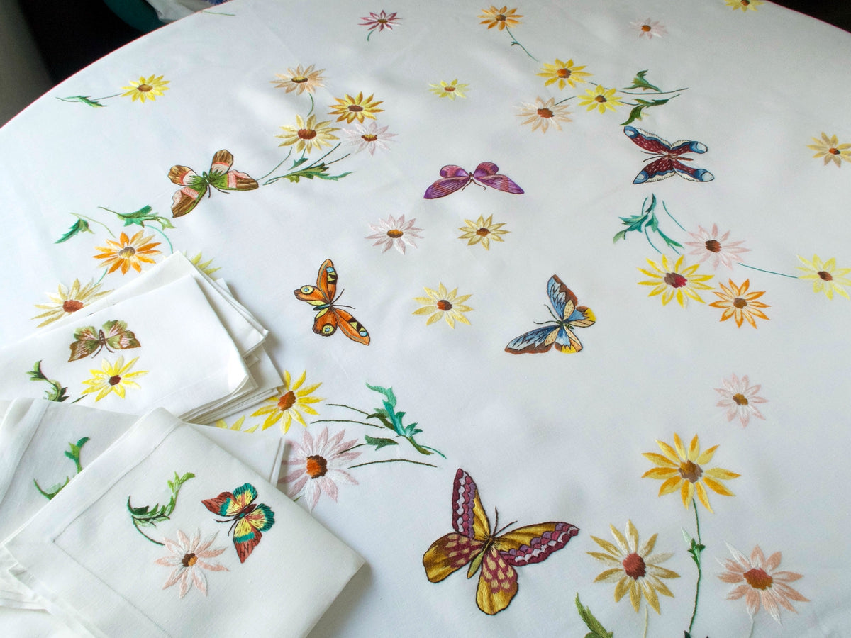 Butterflies D Porthault Embroidery 92&quot; Round Tablecloth &amp; 12 Napkins