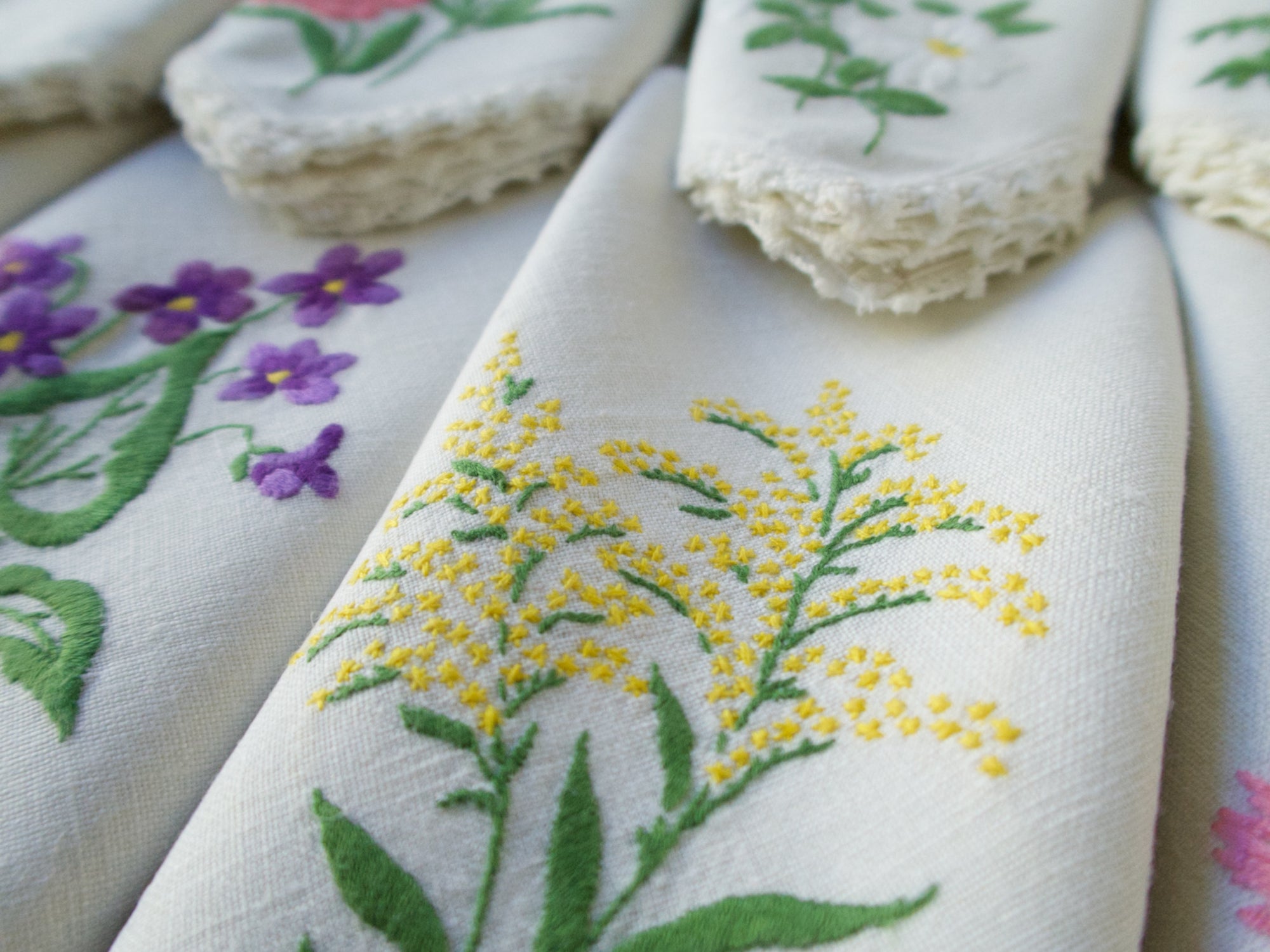 Colorful Flowers Vintage Hand Embroidery Linen Napkins, Set of 8