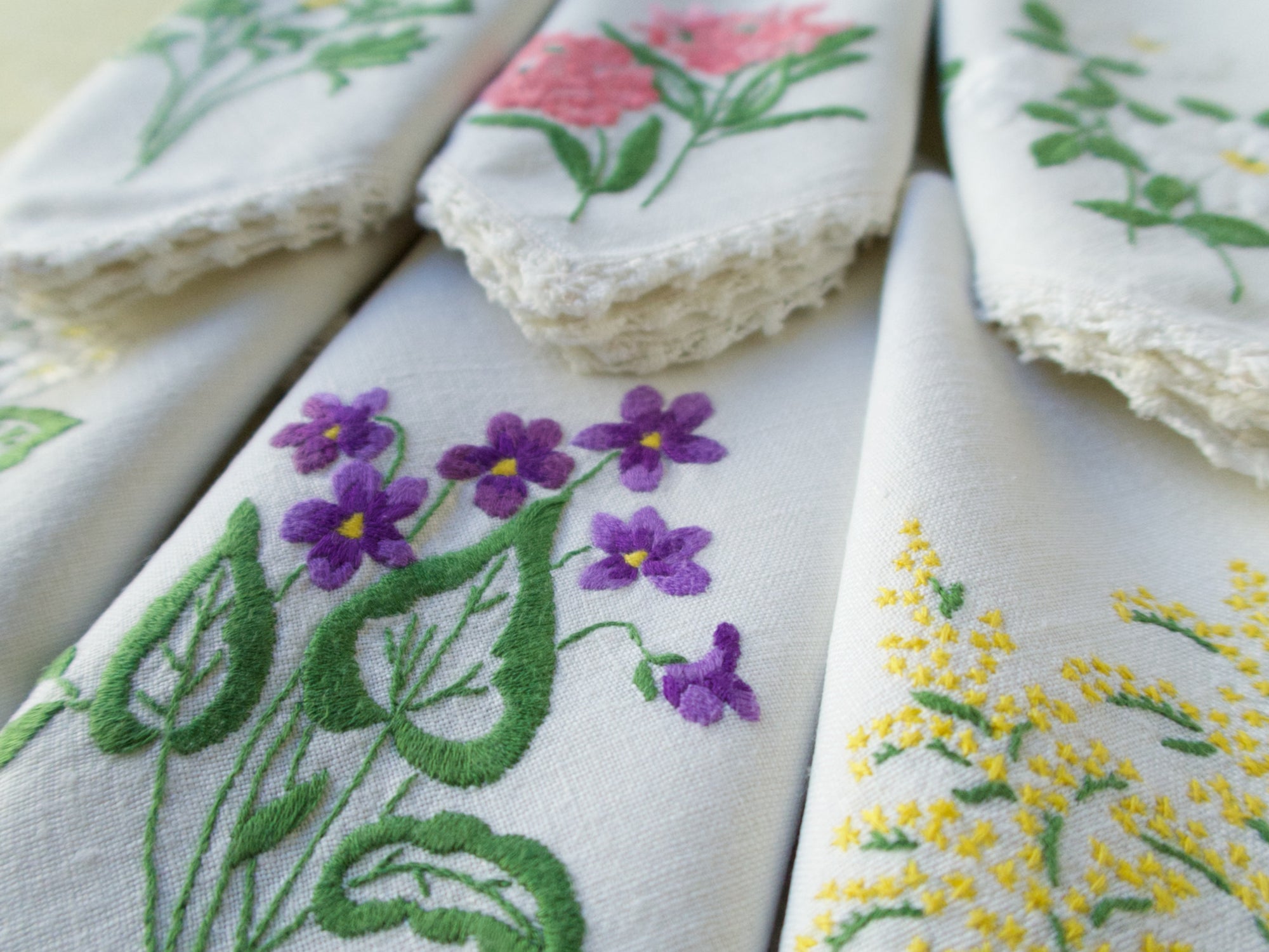 Colorful Flowers Vintage Hand Embroidery Linen Napkins, Set of 8