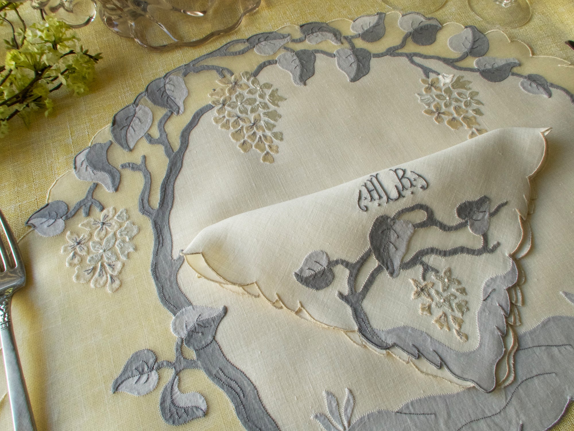 Wisteria Vintage Madeira Linen & Organdy 16pc Placemat Set for 8