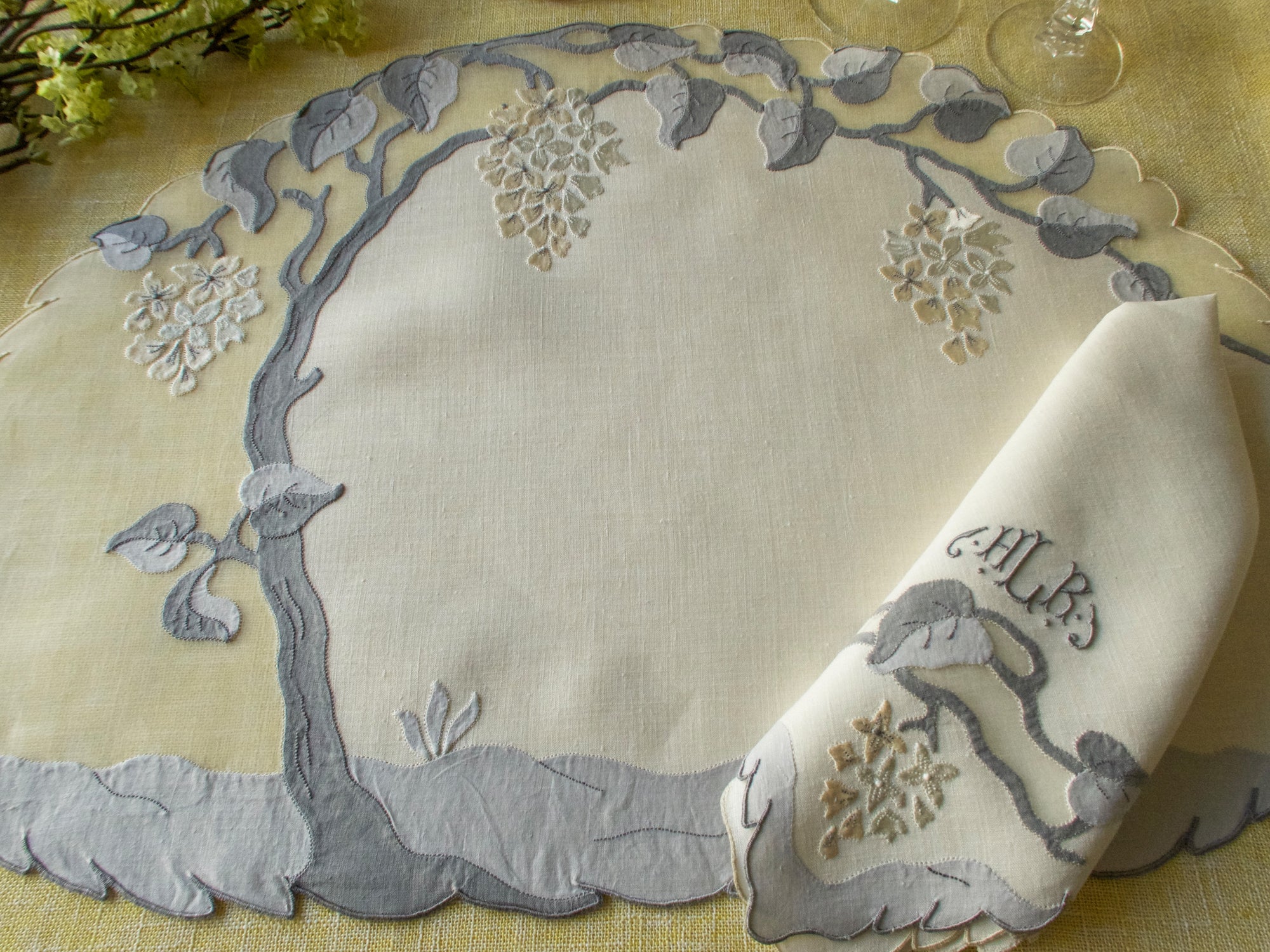 Wisteria Vintage Madeira Linen & Organdy 16pc Placemat Set for 8