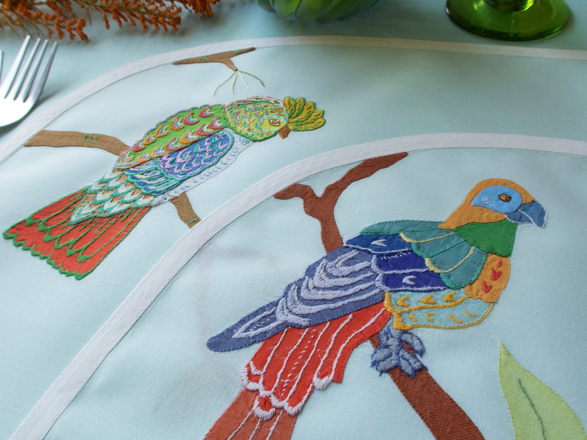 Tropical Birds Vintage Leron 16pc Placemat Set for 8