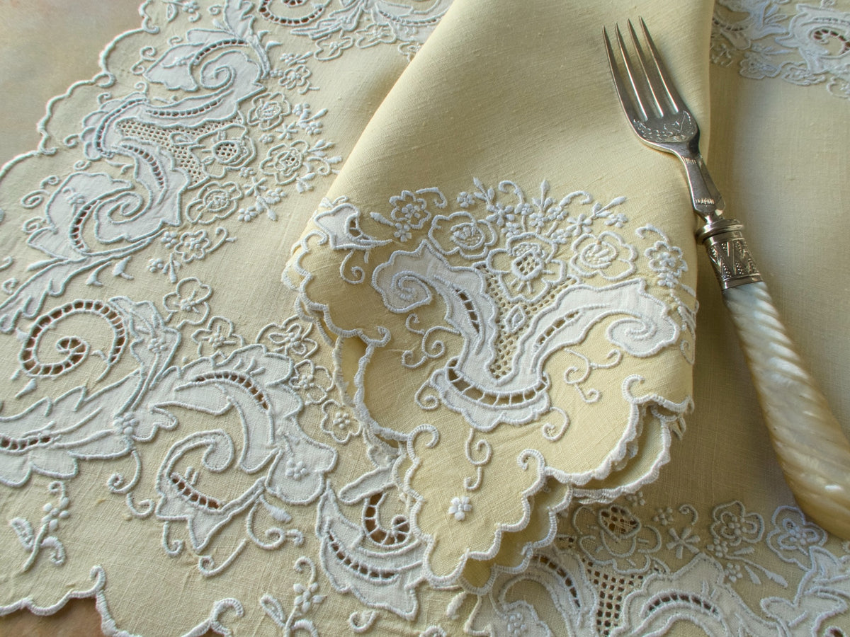 Densely Embroidered Vintage Madeira 17pc Placemat Set for 8