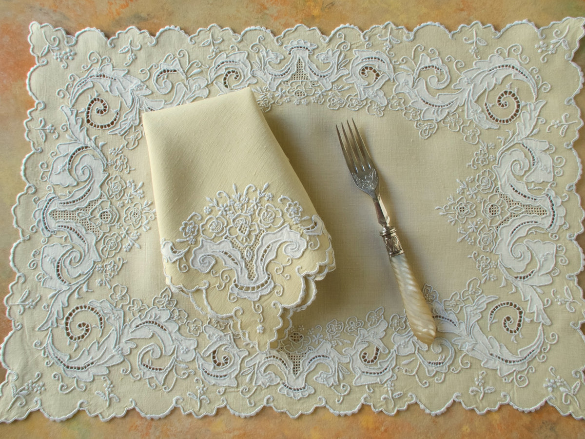 Densely Embroidered Vintage Madeira 17pc Placemat Set for 8